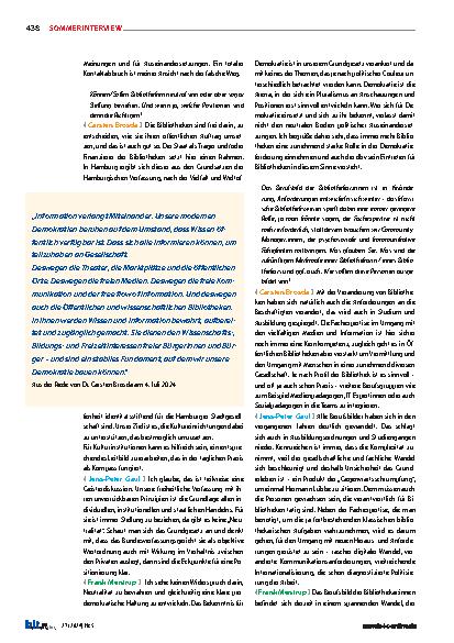 Vorschauseite 6: Eine Reihe von Fragen an Dr. Carsten Brosda, Dr. Jens-Peter Gaul und Dr. Frank Mentrup. Grundlegende Überlegungen zur Rolle der Bibliotheken und ihrer Bedeutung für die Gesellscha…