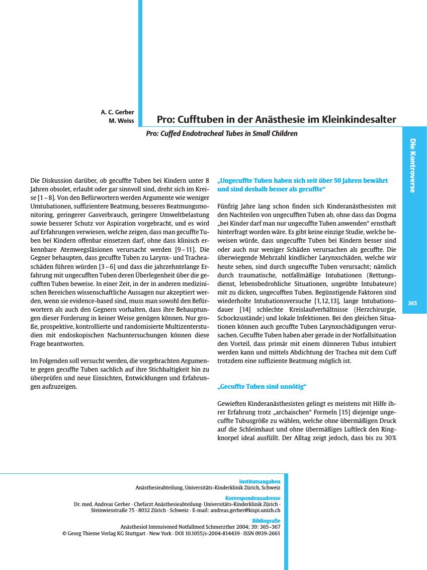 Vorschauseite 1: Pro: Cufftuben in der Anästhesie im Kleinkindesalter