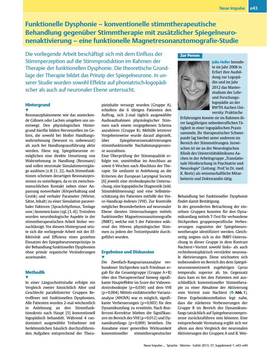 Vorschauseite 1: Funktionelle Dysphonie – konventionelle stimmtherapeutische Behandlung gegenüber Stimmtherapie mit zusätzlicher Spiegelneuronenaktivierung – eine funktionelle Magnetresonanztomogr…