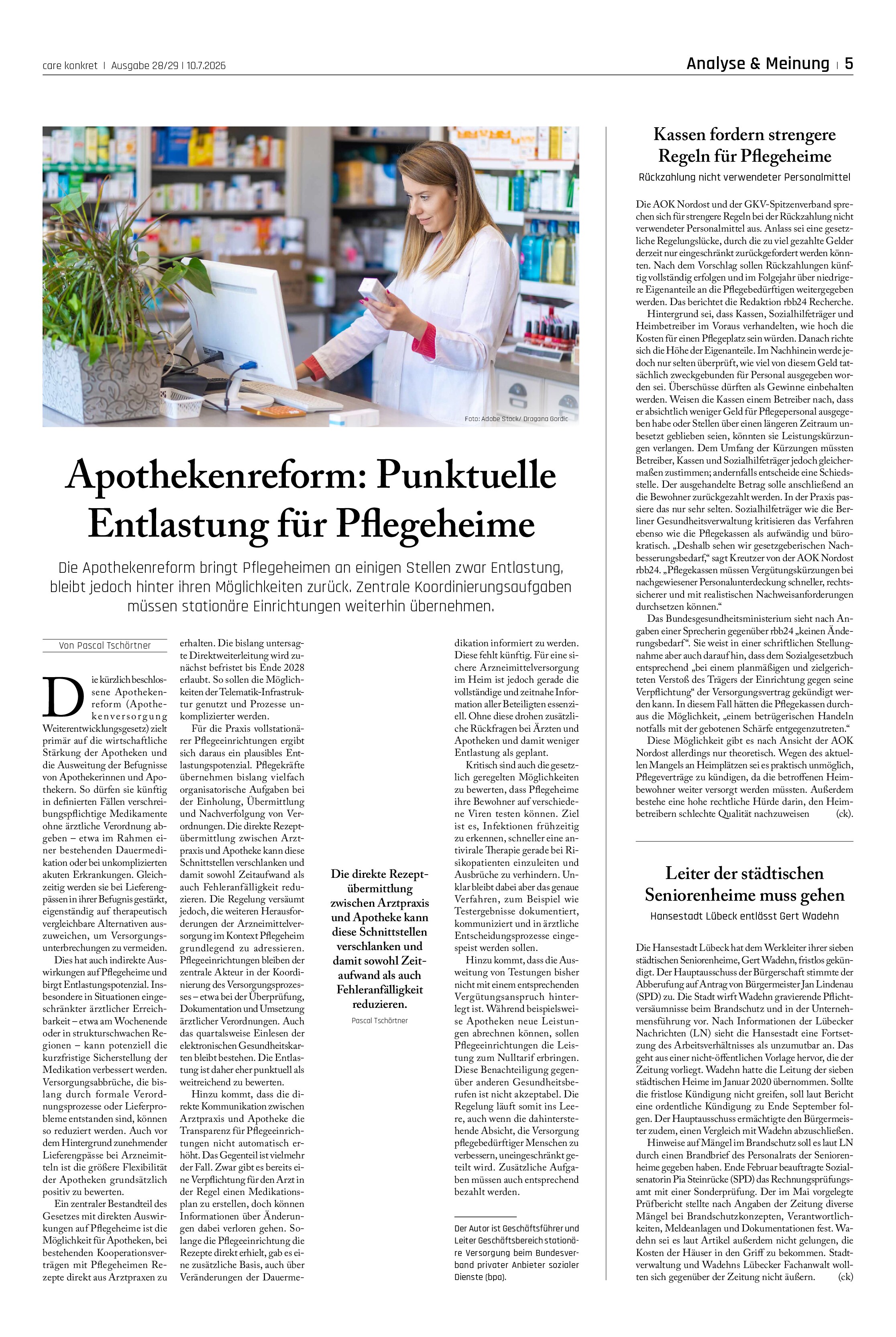 Vorschauseite 1: Apothekenreform: Punktuelle Entlastung für Pflegeheime