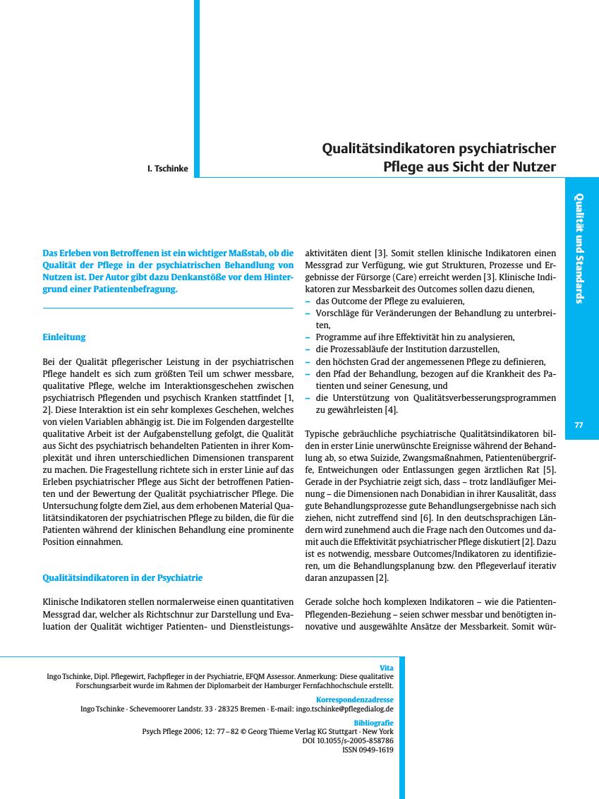 Vorschauseite 1: Qualitätsindikatoren psychiatrischer Pflege aus Sicht der Nutzer