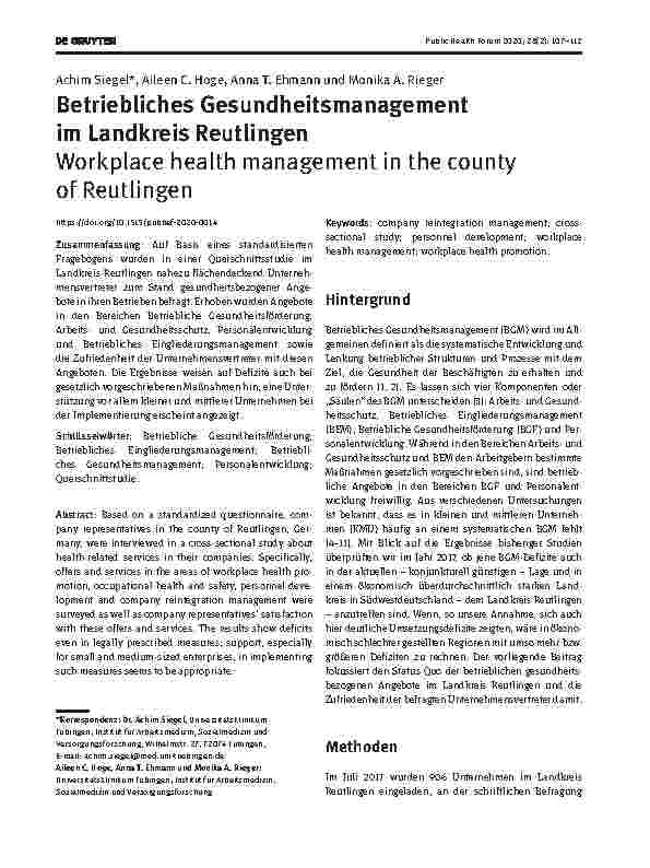 Vorschauseite 1: Betriebliches Gesundheitsmanagement im Landkreis Reutlingen