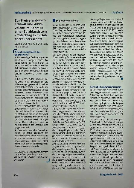 Vorschauseite 1: Zur Freiverantwortlichkeit und Ambivalenz im Rahmen einer Suizidassistenz - Totschlag in mittelbarer Täterschaft