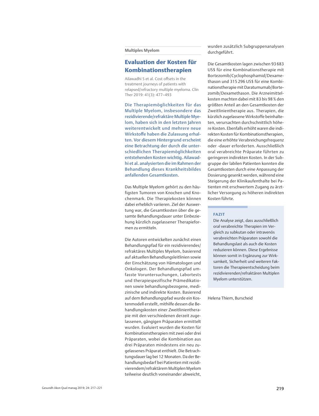 Vorschauseite 1: Multiples Myelom ? Evaluation der Kosten für Kombinationstherapien