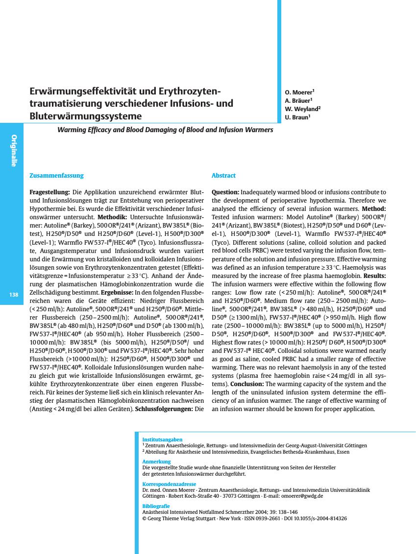 Vorschauseite 1: Erwärmungseffektivität und Erythrozytentraumatisierung verschiedener Infusionsund Bluterwärmungssysteme