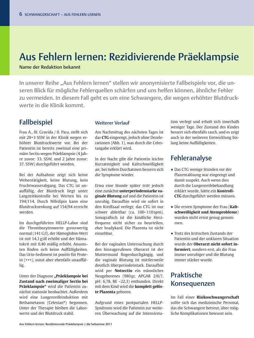 Vorschauseite 1: Aus Fehlern lernen: Rezidivierende Präeklampsie