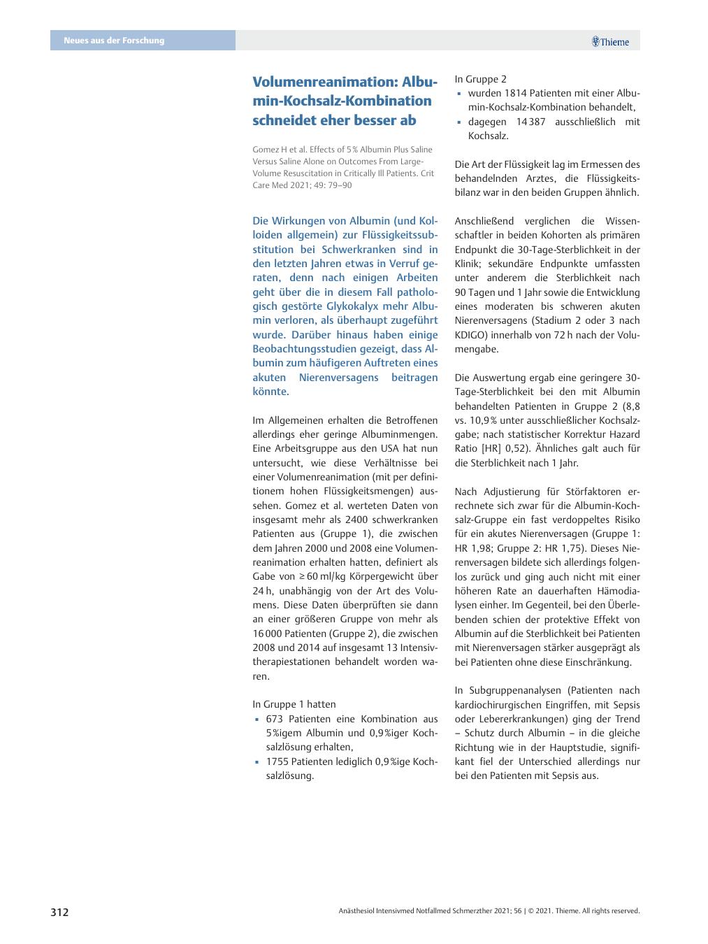 Vorschauseite 1: Volumenreanimation: Albumin-Kochsalz-Kombination schneidet eher besser ab