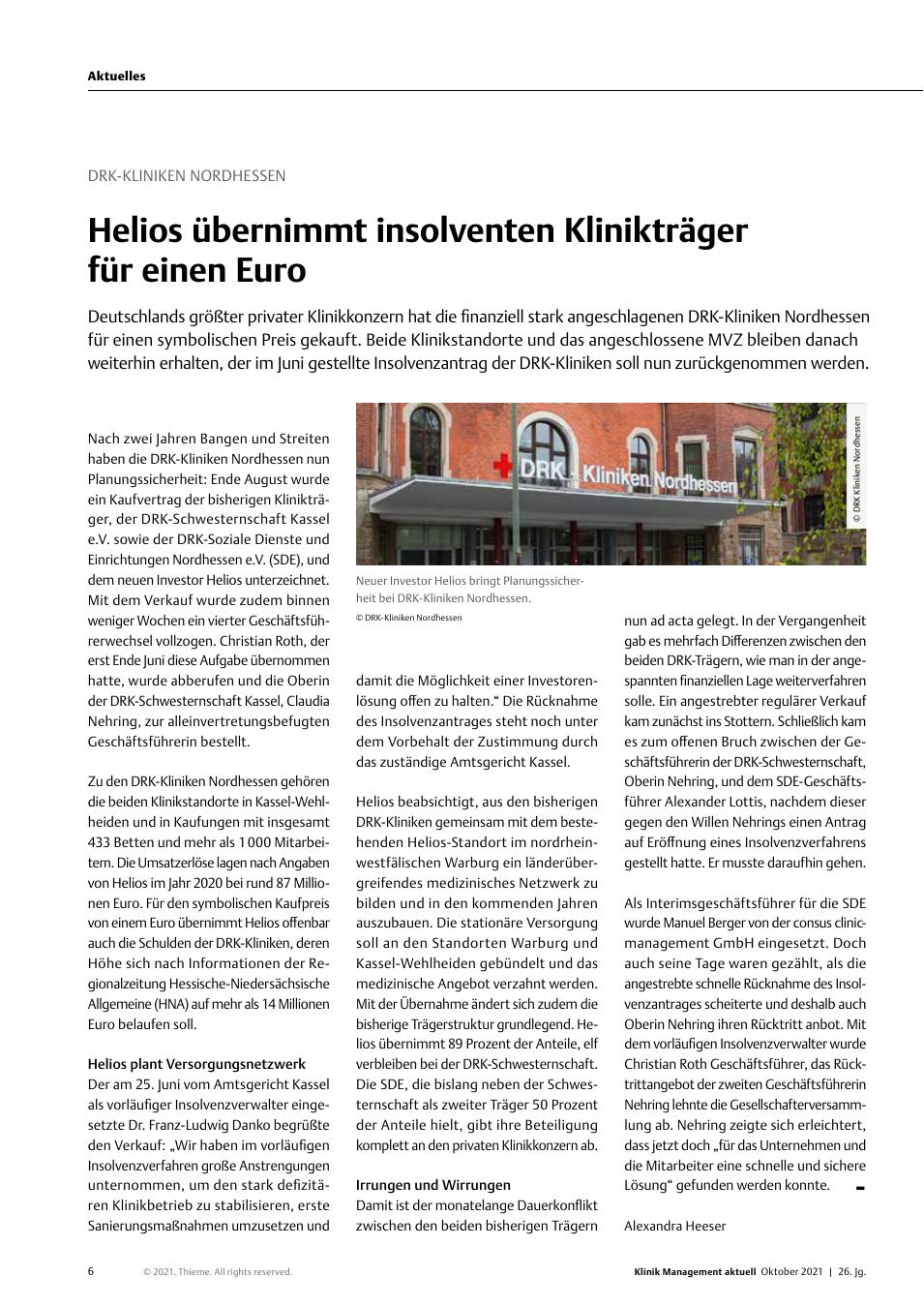 Vorschauseite 1: DRK-Kliniken Nordhessen: Helios übernimmt insolventen Klinikträger für einen Euro