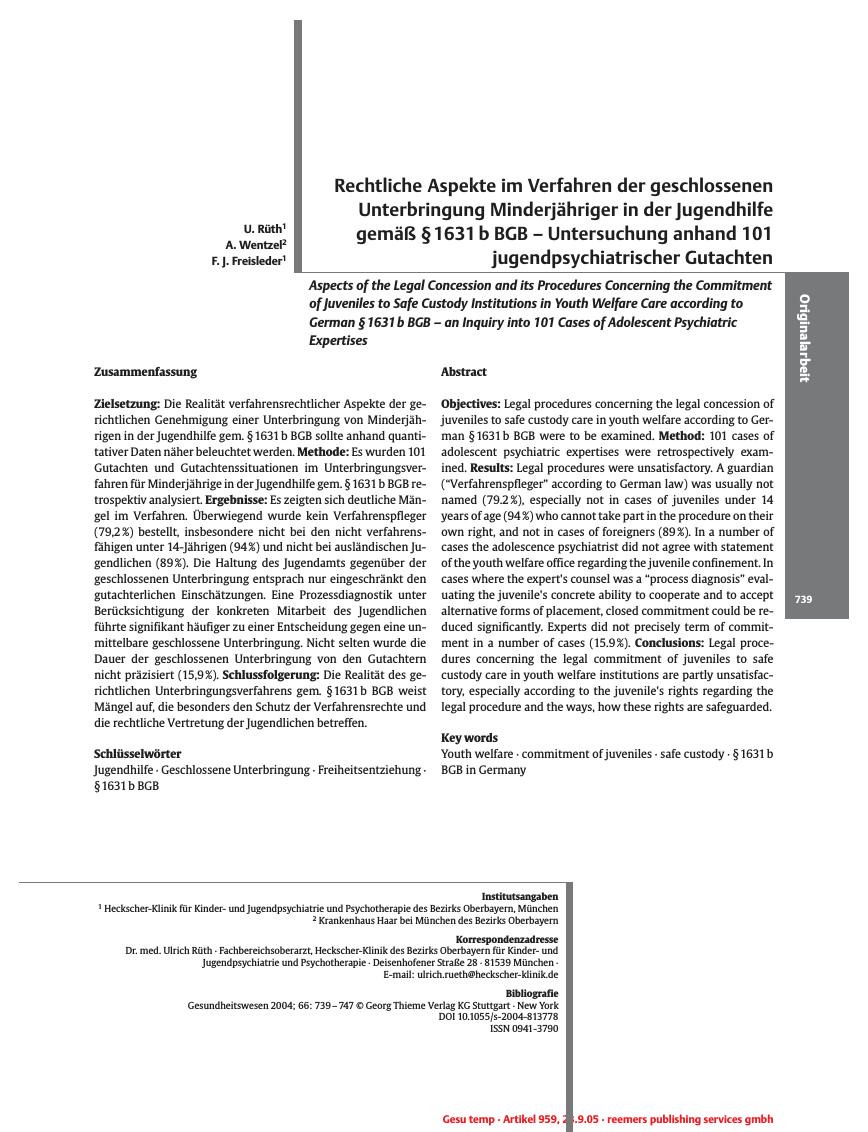 Vorschauseite 1: Rechtliche Aspekte im Verfahren der geschlossenen Unterbringung Minderjähriger in der Jugendhilfe gemäß § 1631 b BGB - Untersuchung anhand 101 jugendpsychiatrischer Gutachten