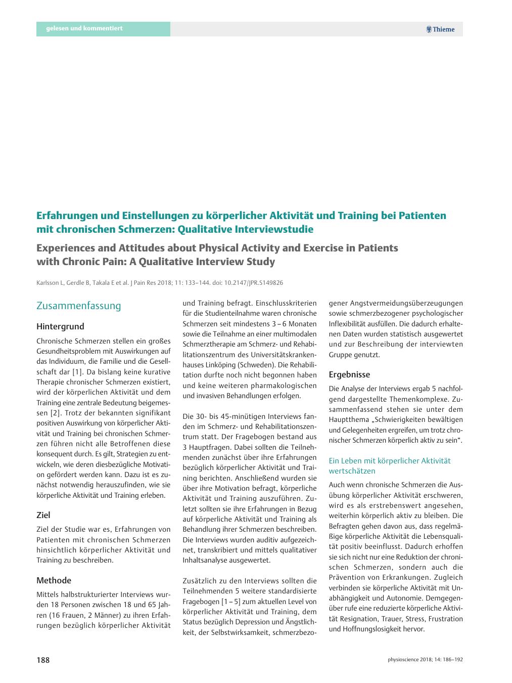 Vorschauseite 1: Erfahrungen und Einstellungen zu körperlicher Aktivität und Training bei Patienten mit chronischen Schmerzen: Qualitative Interviewstudie