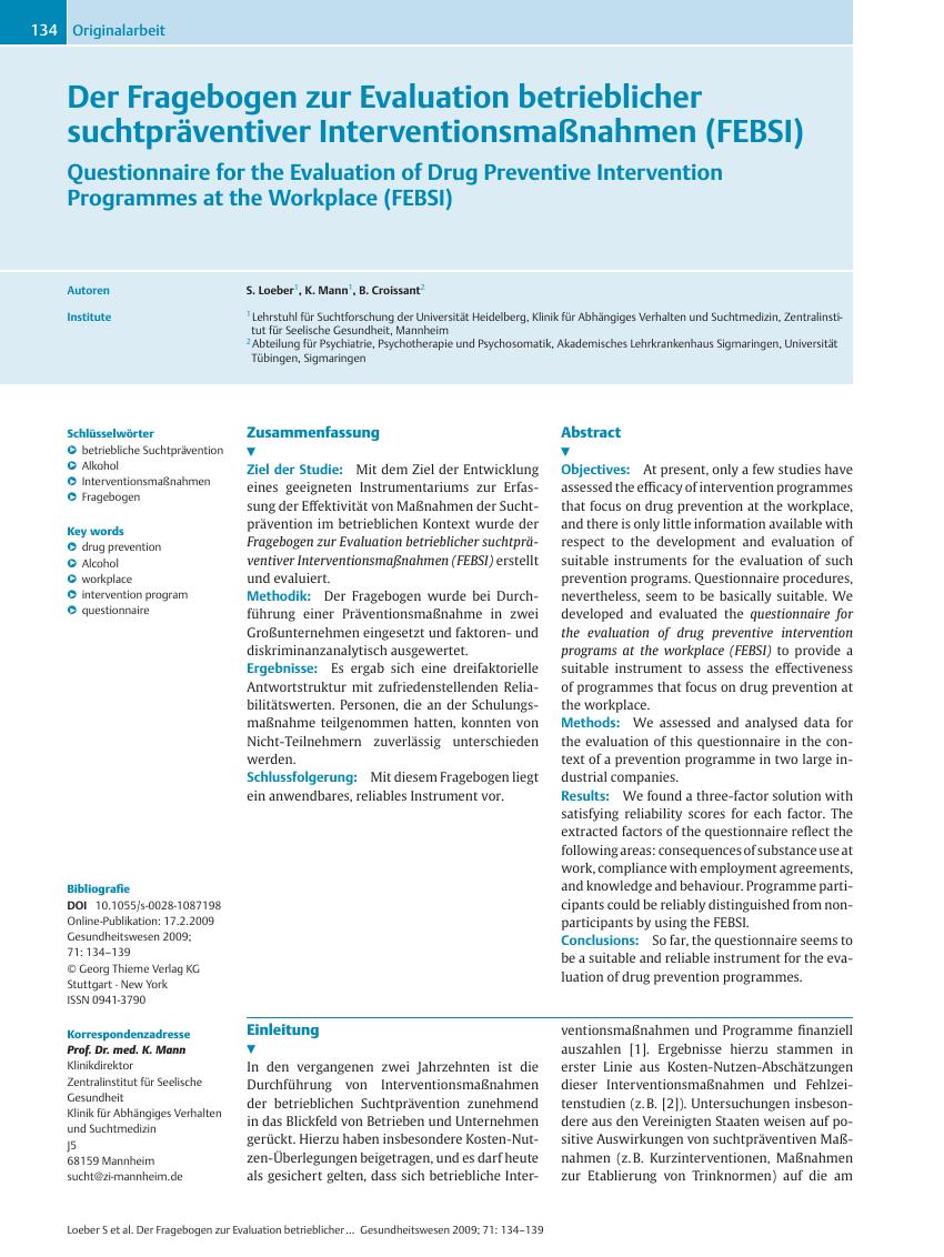 Vorschauseite 1: Der Fragebogen zur Evaluation betrieblicher suchtpräventiver Interventionsmaßnahmen (FEBSI)