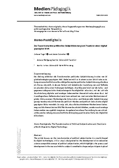Vorschauseite 1: Homo Postdigitalis: Zur Transformation politischer Subjektivierung und Praxis in einer digital geprägten Welt