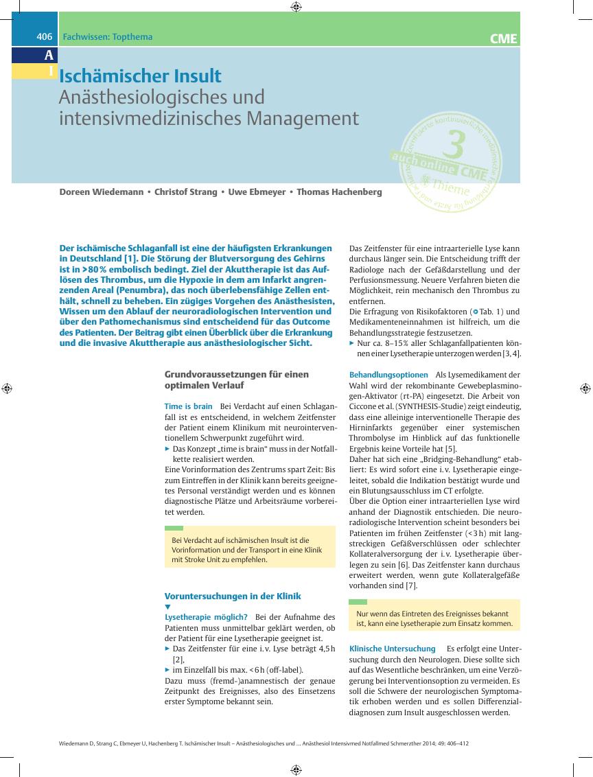 Vorschauseite 1: Ischämischer Insult – Anästhesiologisches und intensivmedizinisches Management