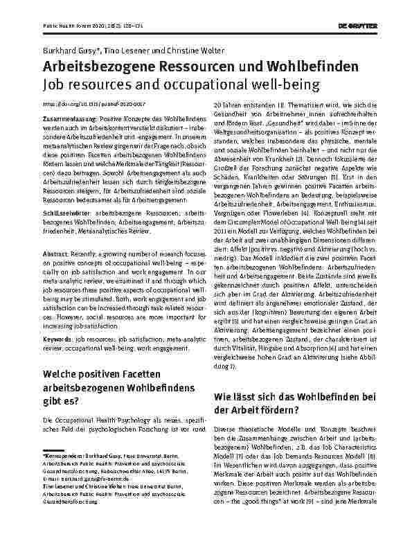 Vorschauseite 1: Arbeitsbezogene Ressourcen und Wohlbefinden