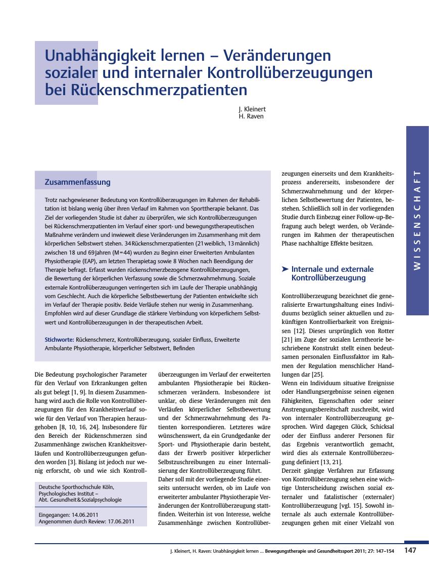 Vorschauseite 1: Unabhängigkeit lernen – Veränderungen sozialer und internaler Kontrollüberzeugungen bei Rückenschmerzpatienten