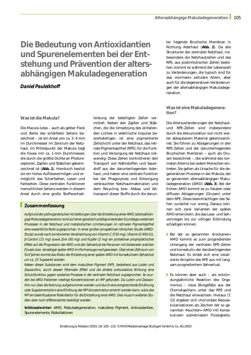 Vorschauseite 1: Die Bedeutung von Antioxidantien und Spurenelementen bei der Entstehung und Prävention der altersabhängigen Makuladegeneration