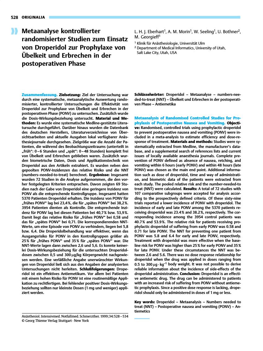 Vorschauseite 1: Metaanalyse kontrollierter randomisierter Studien zum Einsatz von Droperidol zur Prophylaxe von Übelkeit und Erbrechen in der postoperativen Phase