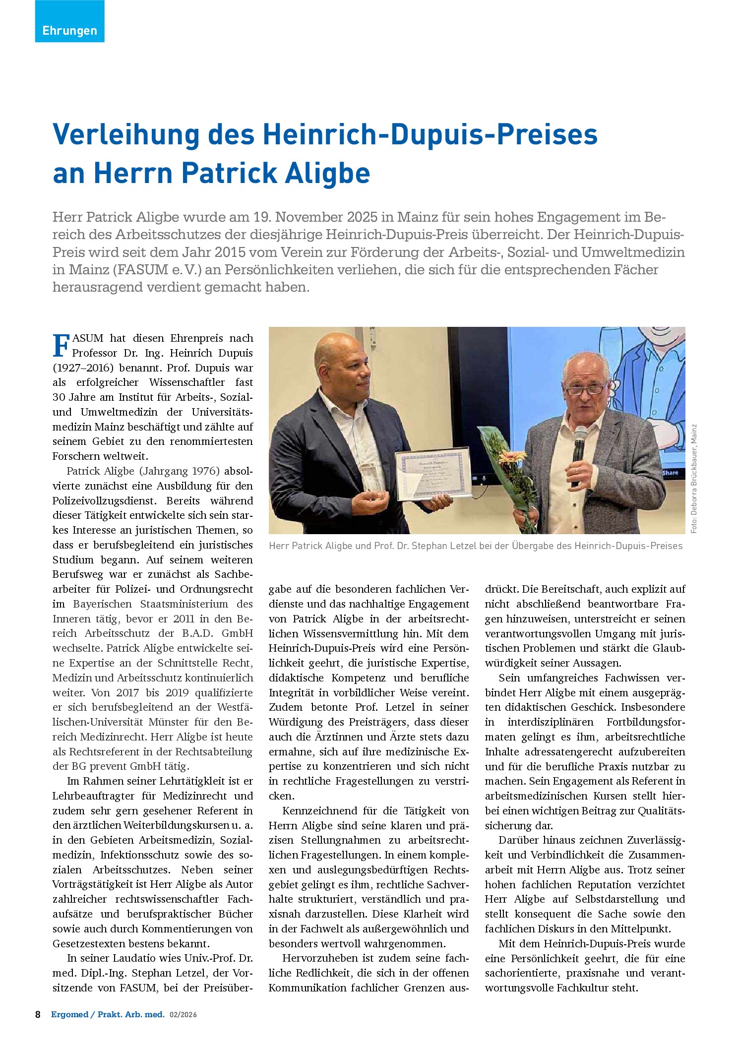Vorschauseite 1: Verleihung des Heinrich-Dupuis-Preises an Herrn Patrick Aligbe