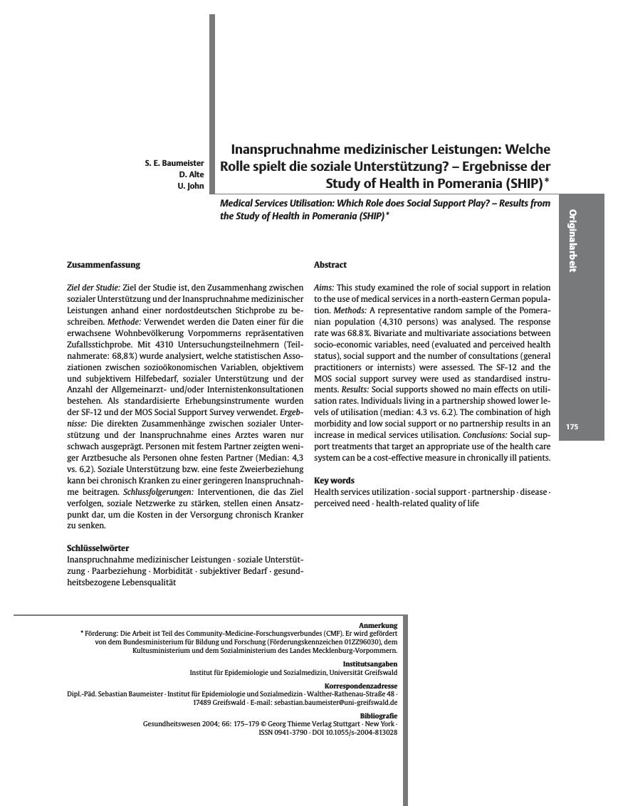Vorschauseite 1: Inanspruchnahme medizinischer Leistungen: Welche Rolle spielt die soziale Unterstützung? - Ergebnisse der Study of Health in Pomerania (SHIP)