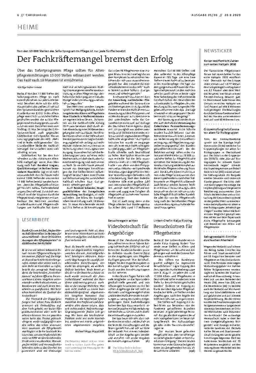 Vorschauseite 1: Von den 13.000 Stellen des Sofortprogramms Pflege ist nur jede fünfte besetzt. Der Fachkräftemangel bremst den Erfolg.