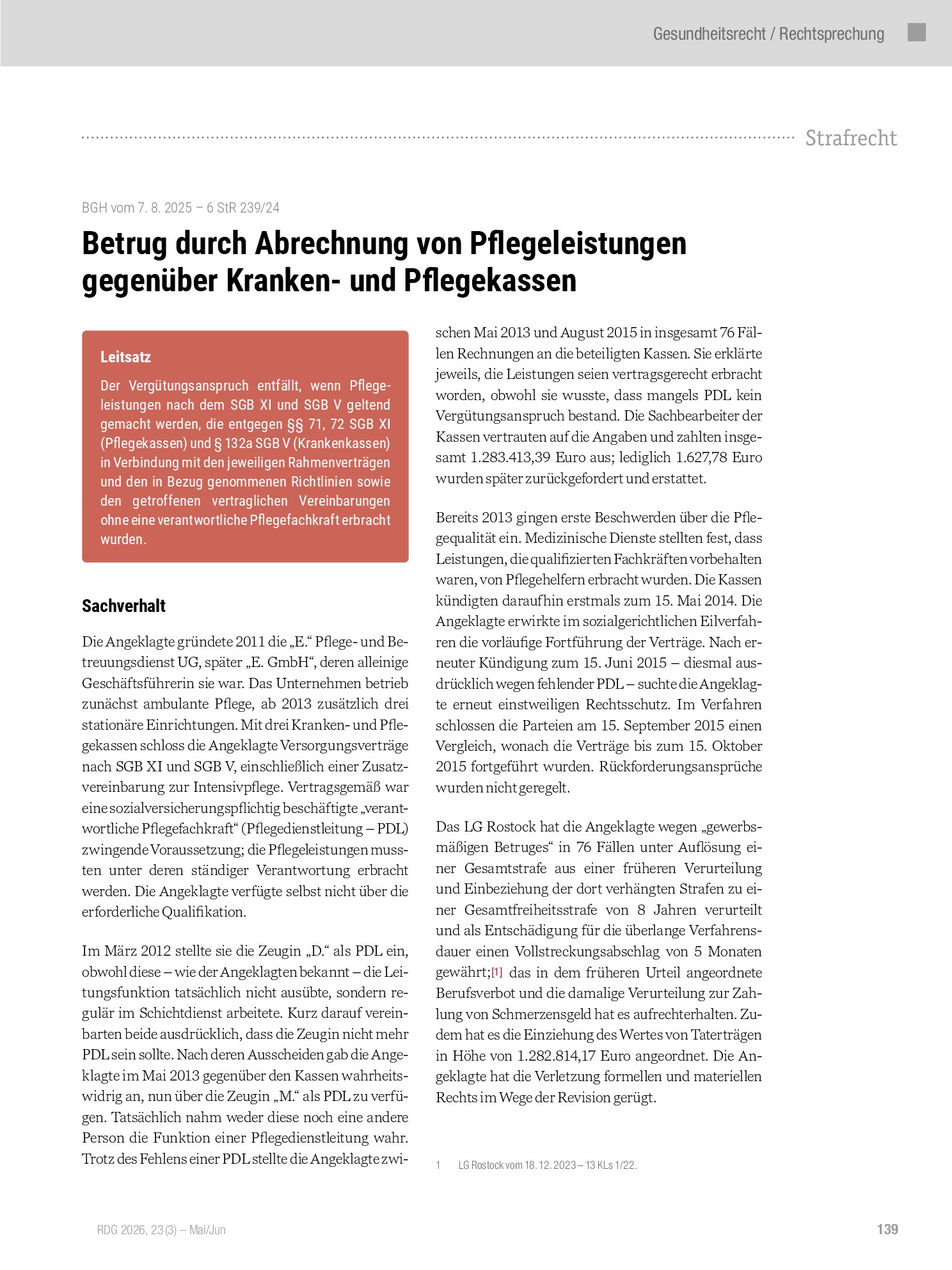 Vorschauseite 1: Betrug durch Abrechnung von Pflegeleistungen gegenüber Kranken- und Pflegekassen