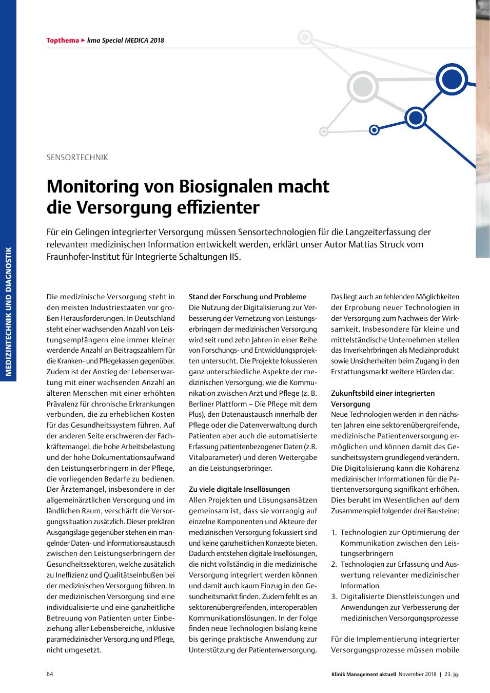 Vorschauseite 1: Sensortechnik: Monitoring von Biosignalen macht die Versorgung effizienter