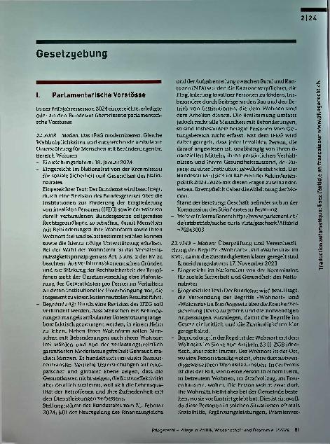Vorschauseite 1: Gesetzgebung Parlamentarische Vorstöße 2124 Gesetzgebung I. Parlamentarische Vorstöße In der Frühjahrssession 2024 eingereichte, erledigte oder an den Bundesrat überwiesene parlam…