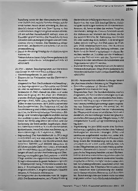 Vorschauseite 3: Gesetzgebung Parlamentarische Vorstöße 2124 Gesetzgebung I. Parlamentarische Vorstöße In der Frühjahrssession 2024 eingereichte, erledigte oder an den Bundesrat überwiesene parlam…