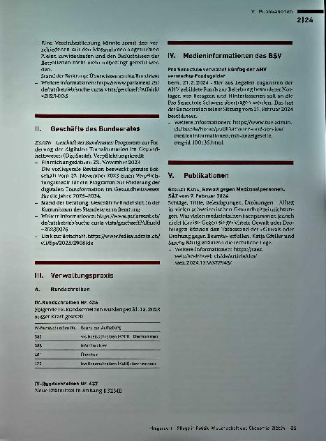 Vorschauseite 5: Gesetzgebung Parlamentarische Vorstöße 2124 Gesetzgebung I. Parlamentarische Vorstöße In der Frühjahrssession 2024 eingereichte, erledigte oder an den Bundesrat überwiesene parlam…
