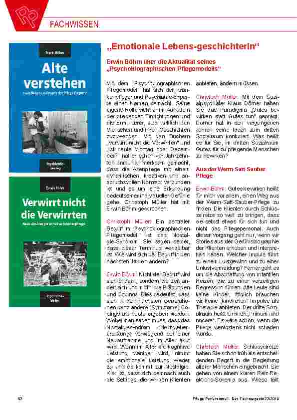 Vorschauseite 1: „Emotionale Lebens-geschichterln“ - Erwin Böhm über die Aktualität seines „Psychobiographischen Pflegemodells“