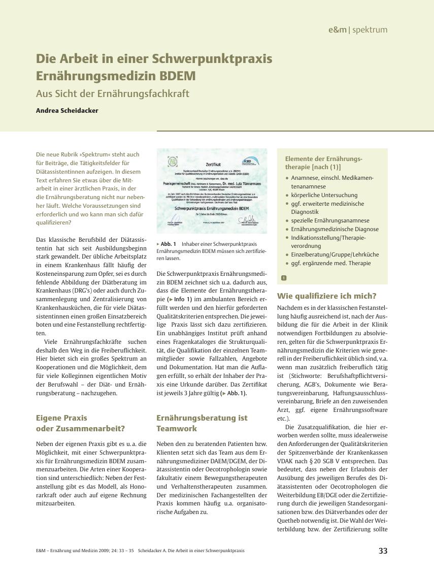 Vorschauseite 1: Die Arbeit in einer Schwerpunktpraxis Ernährungsmedizin BDEM