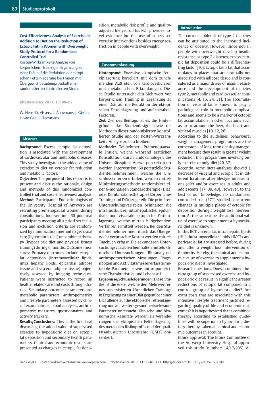 Vorschauseite 1: Cost-Effectiveness Analysis of Exercise in Addition to Diet on the Reduction of Ectopic Fat in Women with OverweightStudy Protocol for a Randomised Controlled Trial