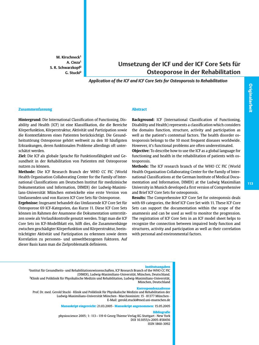 Vorschauseite 1: Umsetzung der ICF und der ICF Core Sets für Osteoporose in der Rehabilitation