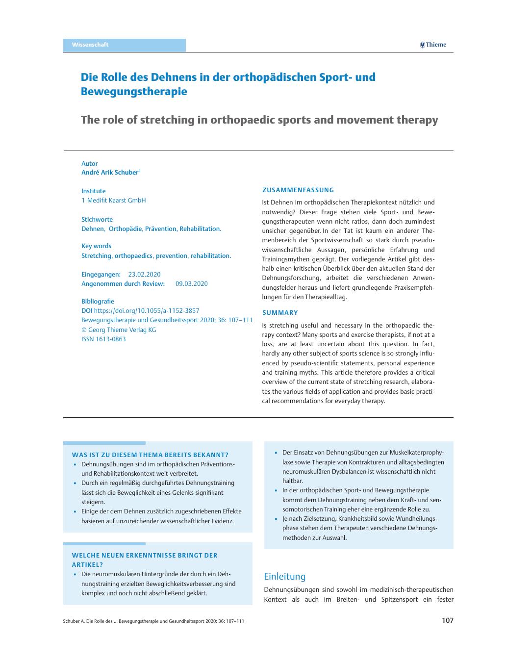 Vorschauseite 1: Die Rolle des Dehnens in der orthopädischen Sportund Bewegungstherapie