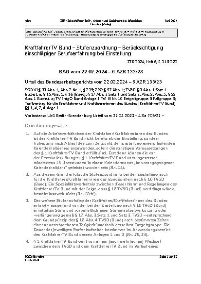 Vorschauseite 1: Kraftfahrer TV Bund – Stufenzuordnung – Berücksichtigung einschlägiger Berufserfahrung bei Einstellung