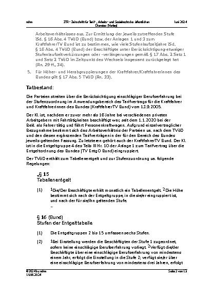Vorschauseite 2: Kraftfahrer TV Bund – Stufenzuordnung – Berücksichtigung einschlägiger Berufserfahrung bei Einstellung