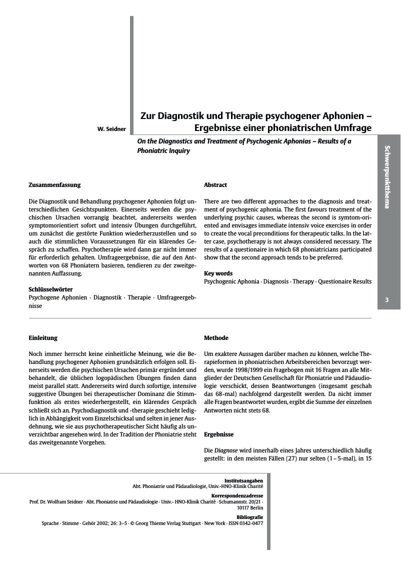 Vorschauseite 1: Zur Diagnostik und Therapie psychogener Aphonien - Ergebnisse einer phoniatrischen Umfrage