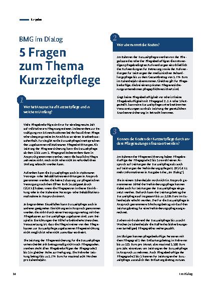 Vorschauseite 1: BMG im Dialog 5 Fragen zum Thema Kurzzeitpflege