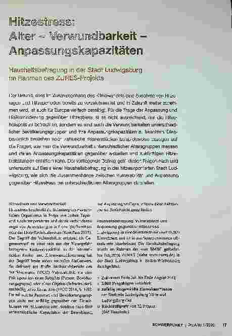 Vorschauseite 2: !rBz@s tress= After = Verwundbarkeitsstärkeft ■= Anpassungskapazitäten Haushaltsbefragung in der Stadt Ludwigsburg im Rahmen des ZU RES-Projekts