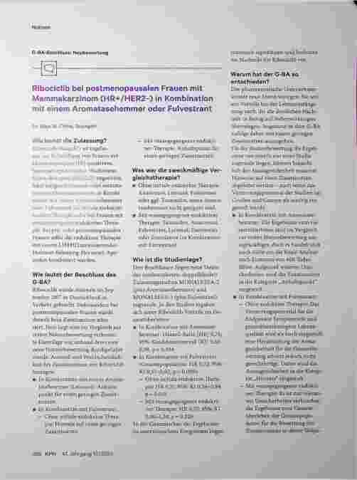 Vorschauseite 1: Ribociclib bei postmenopausalen Frauen mit Mammakarzinom (HR+/HER2-) in Kombination mit einem Aromatasehemmer oder Fulvestrant