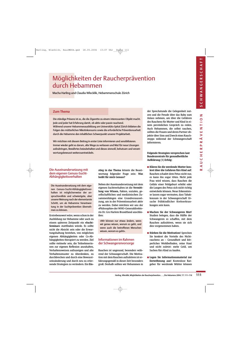 Vorschauseite 1: Möglichkeiten der Raucherprävention durch Hebammen