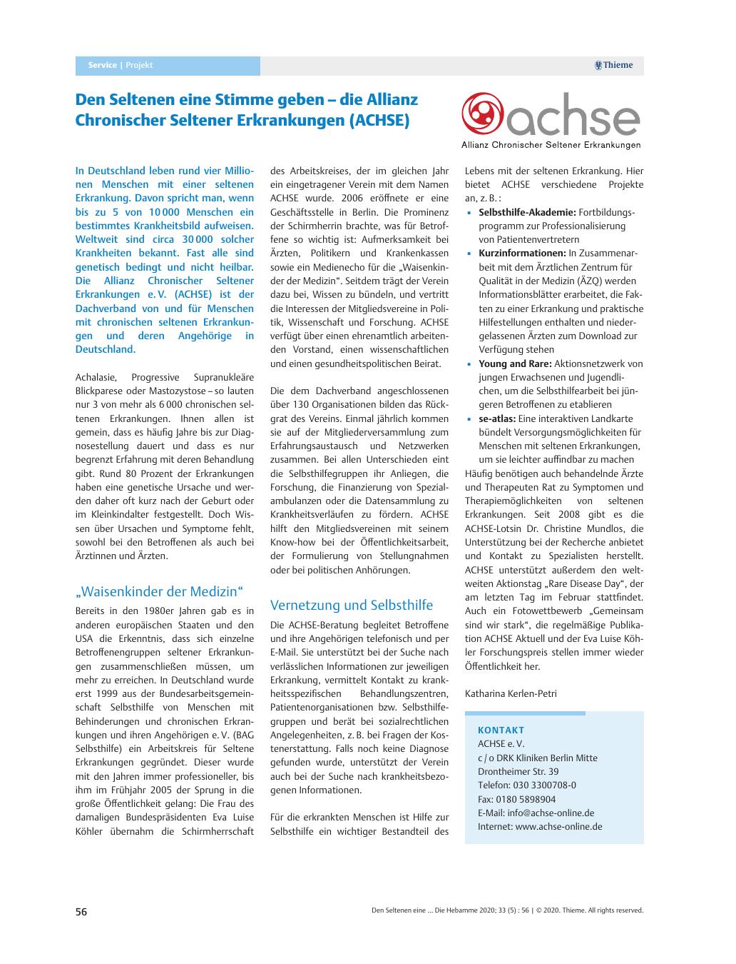 Vorschauseite 1: Den Seltenen eine Stimme geben – die Allianz Chronischer Seltener Erkrankungen (ACHSE)