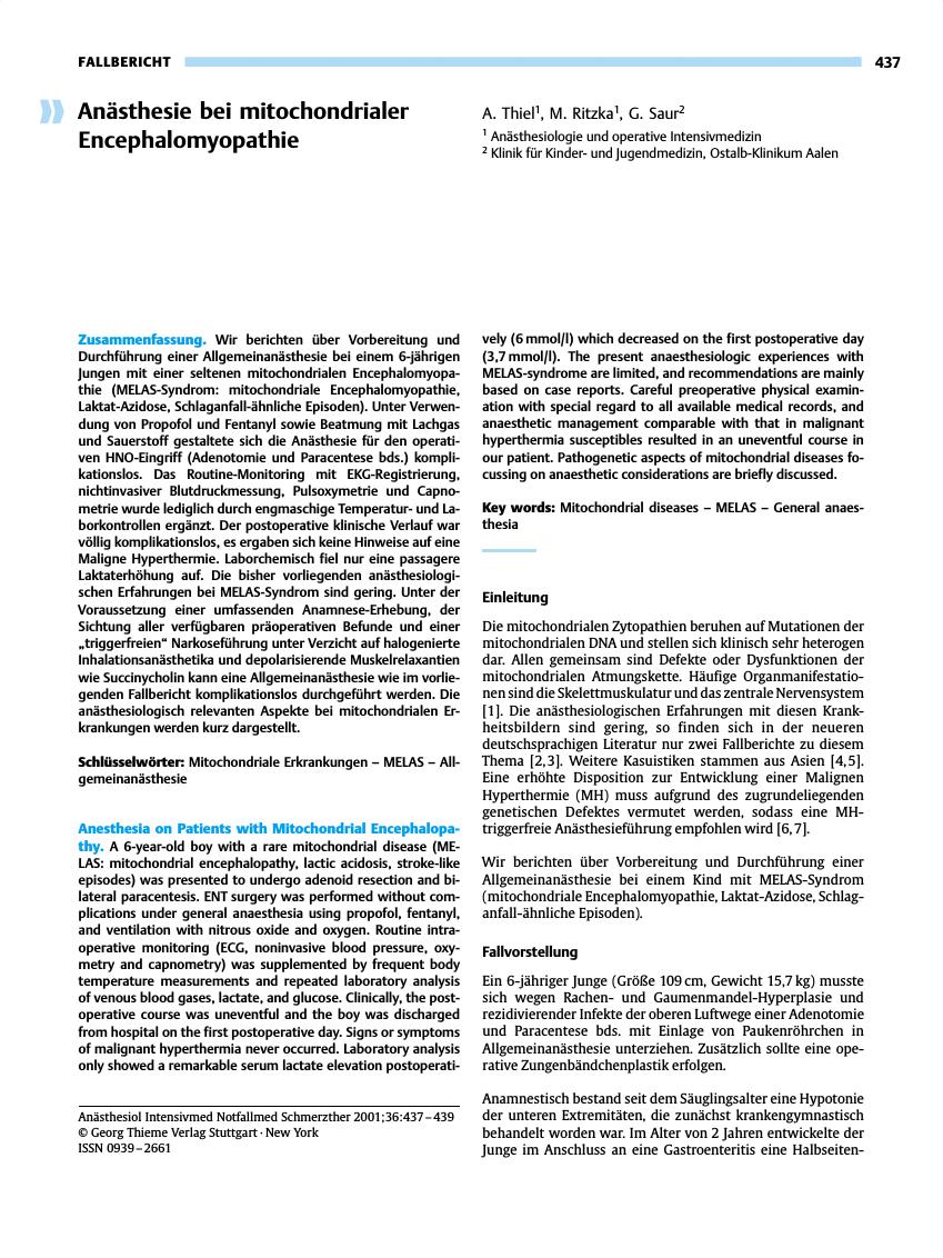 Vorschauseite 1: Anästhesie bei mitochondrialer Encephalomyopathie