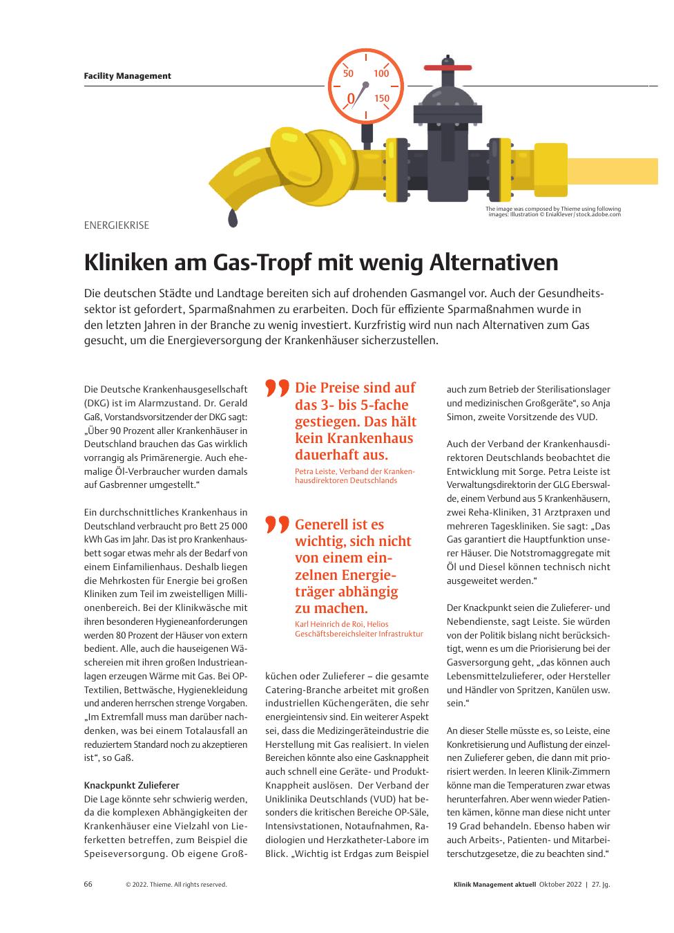 Vorschauseite 1: Energiekrise: Kliniken am Gas-Tropf mit wenigen Alternativen