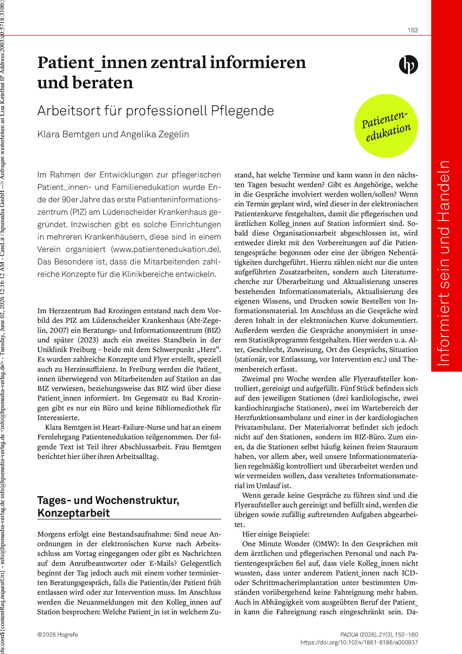 Vorschauseite 1: Patient_innen zentral informieren und beraten. Arbeitsort für professionell Pflegende
