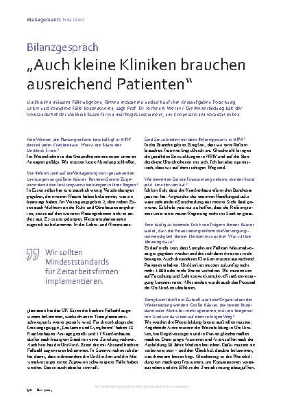 Vorschauseite 1: Bilanzgespräch „Auch kleine Kliniken brauchen ausreichend Patienten“