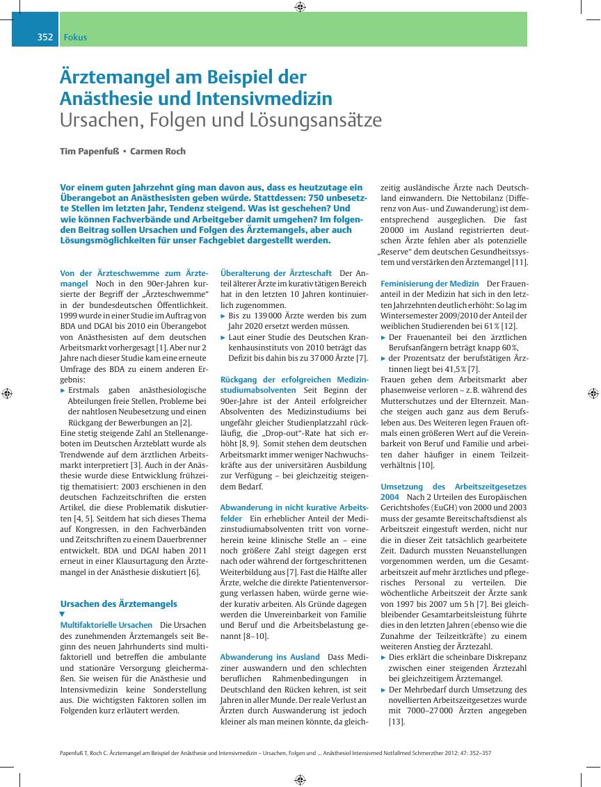 Vorschauseite 1: Ärztemangel am Beispiel der Anästhesie und Intensivmedizin – Ursachen, Folgen und Lösungsansätze