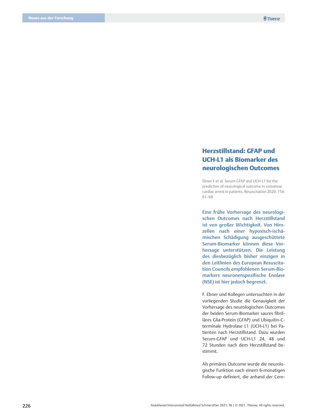 Vorschauseite 1: Herzstillstand: GFAP und UCH-L1 als Biomarker des neurologischen Outcomes
