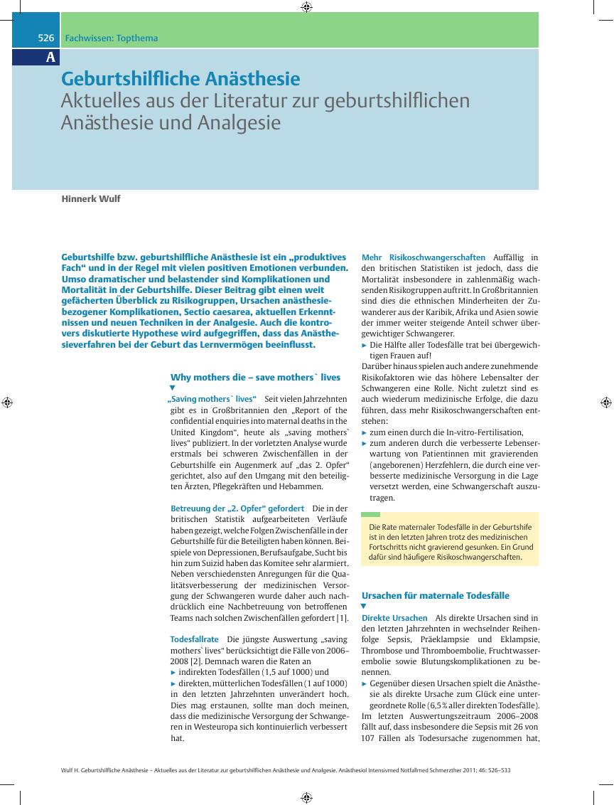 Vorschauseite 1: Geburtshilfliche Anästhesie – Aktuelles aus der Literatur zur geburtshilflichen Anästhesie und Analgesie