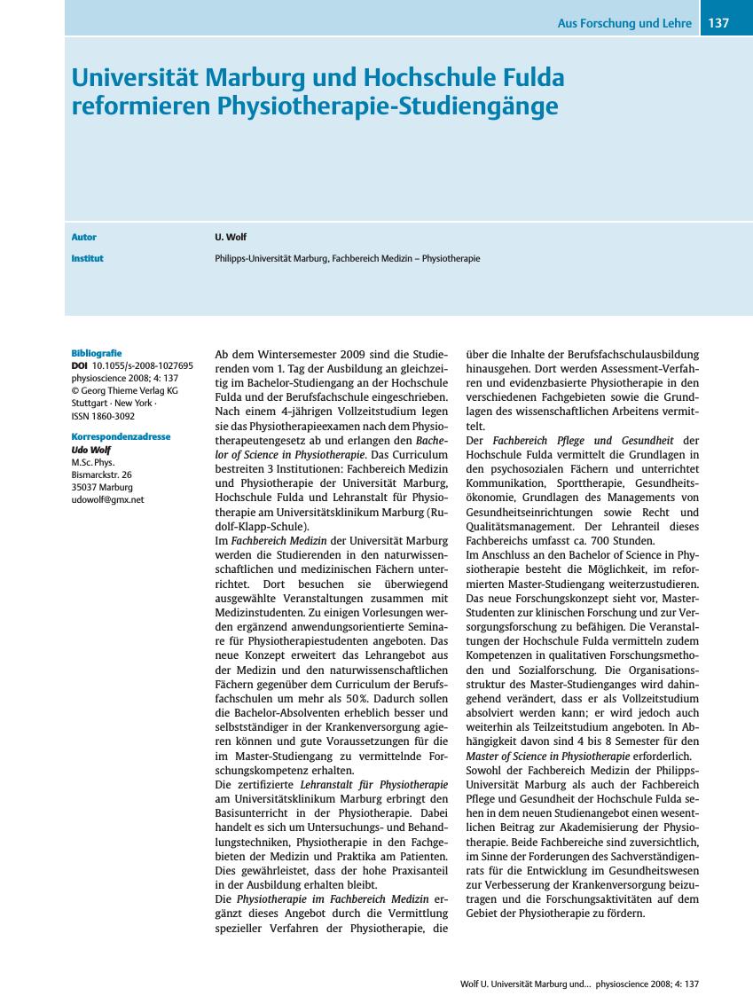 Vorschauseite 1: Universität Marburg und Hochschule Fulda reformieren Physiotherapie-Studiengänge